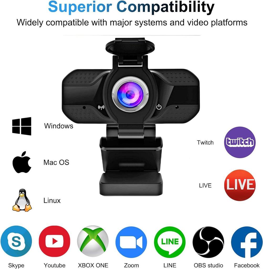 1080P HD Network Camera for Video Conference, Online Class, Live Broadcast with Privacy Cover & Stand, Driver-Free.
