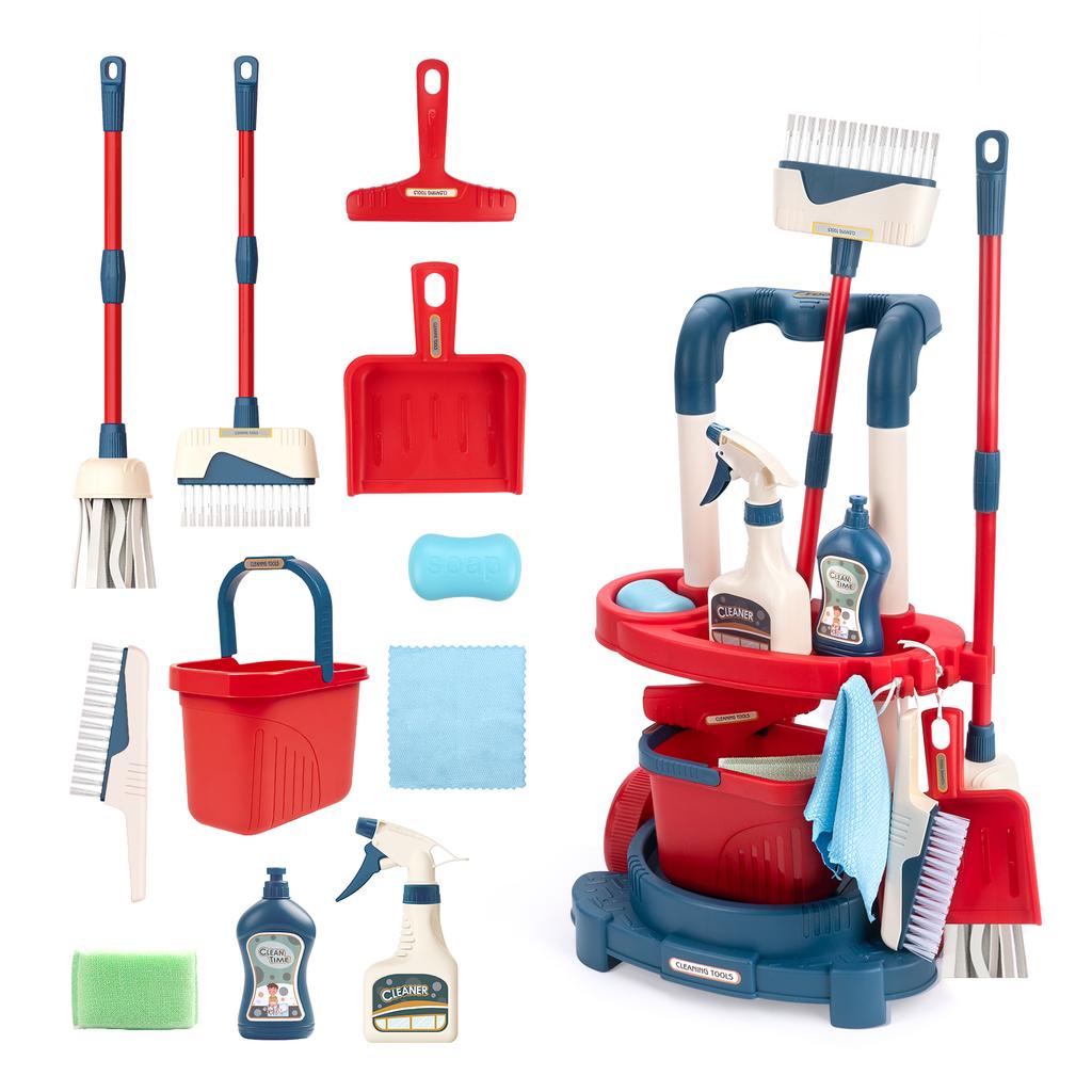 12 pièces/ensemble Ensemble de nettoyage pour enfants Jouets de nettoyage de la vie simulée avec chariot Jouet de jeu de rôle Jouet de maison de jeu d'hygiène et de nettoyage Garçons et Filles