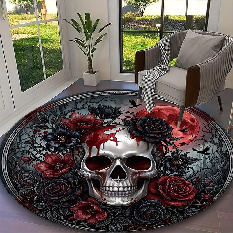 1pc Gothic Black Rose Carpet for Room Floor Mat, Comfortable Office Chair Printed Round Rug, Beautiful Hotel Rug