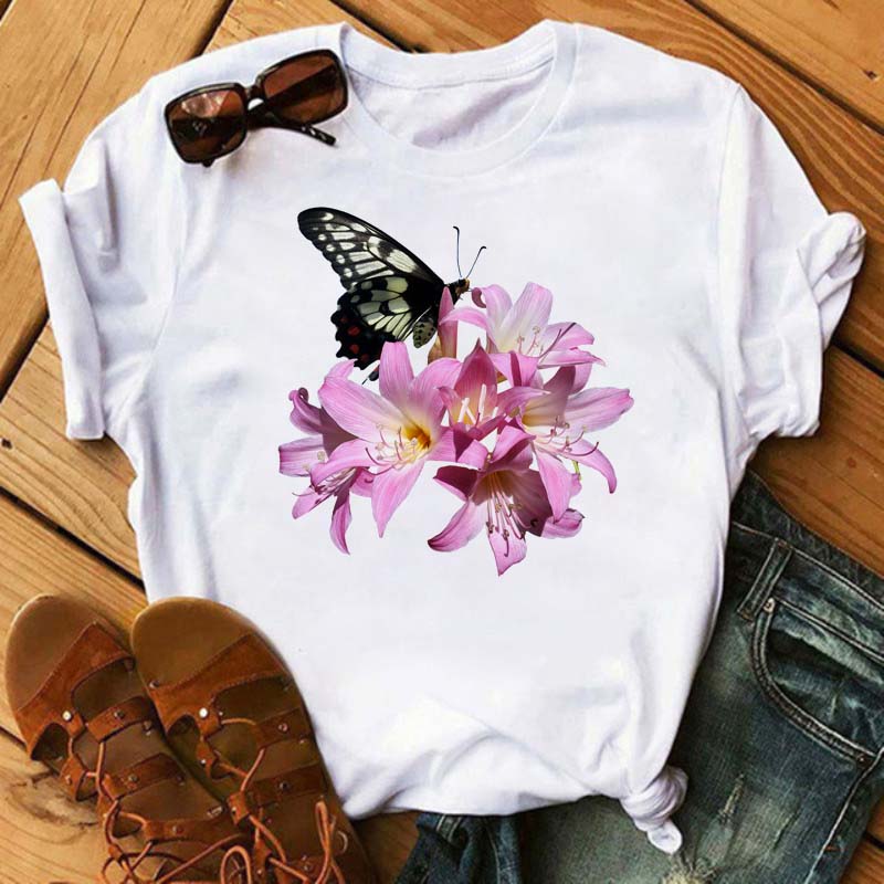 Women Flower Butterfly Fashion Print T Shirt Casual Short Sleeve Ladies T Tee Female Top Shirt Clothes Womens Graphic T-shirt