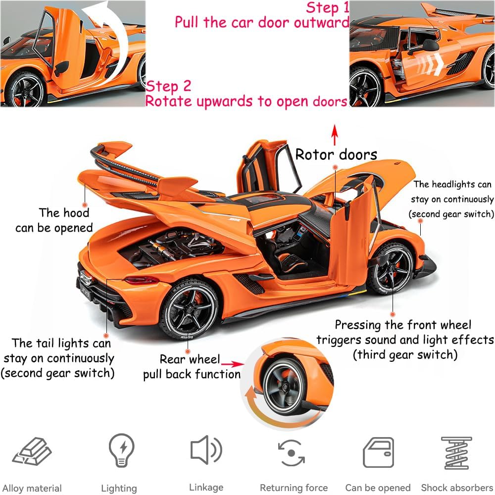 1/24 Koenigsegg Jesko Modello Auto Giocattolo Lega Arancione da Collezione Veicoli Die-cast con Suono e Luce