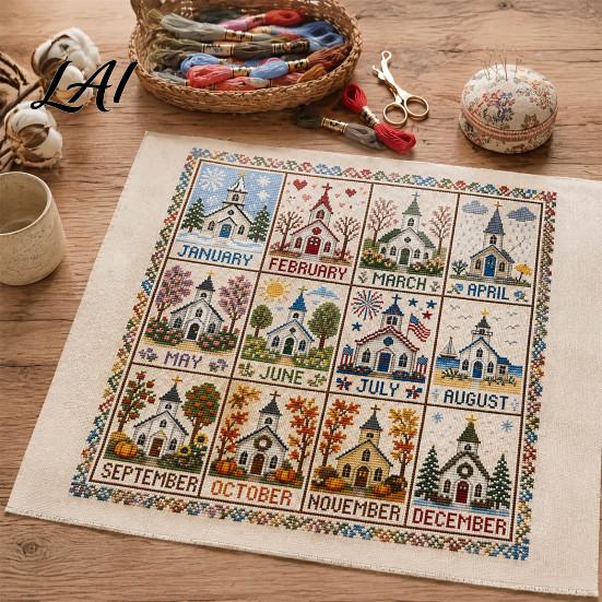 Farmhouse Style Embroidery Decor 12-Month Cross Stitch Kit DIY Four Seasons Seasonal Gift Idea for Enthusiasts Stamped Stitching Craft Set Beginners,