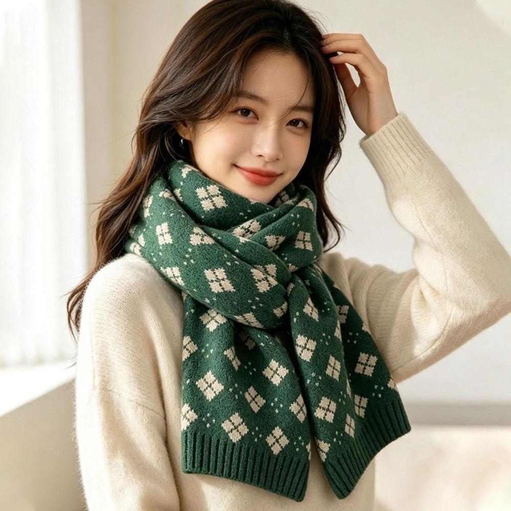 Green Plaid Wool Scarf Long Red Shawl Thicken Knitted Christmas Scarf  Autumn Winter