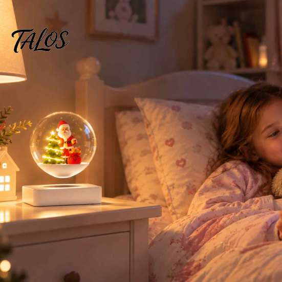 Lighted Christmas Display Centerpiece Magnetic Levitating Santa Claus Tree Ornament with LED Light, Rotating Floating Sleigh for Holiday Parties Glass
