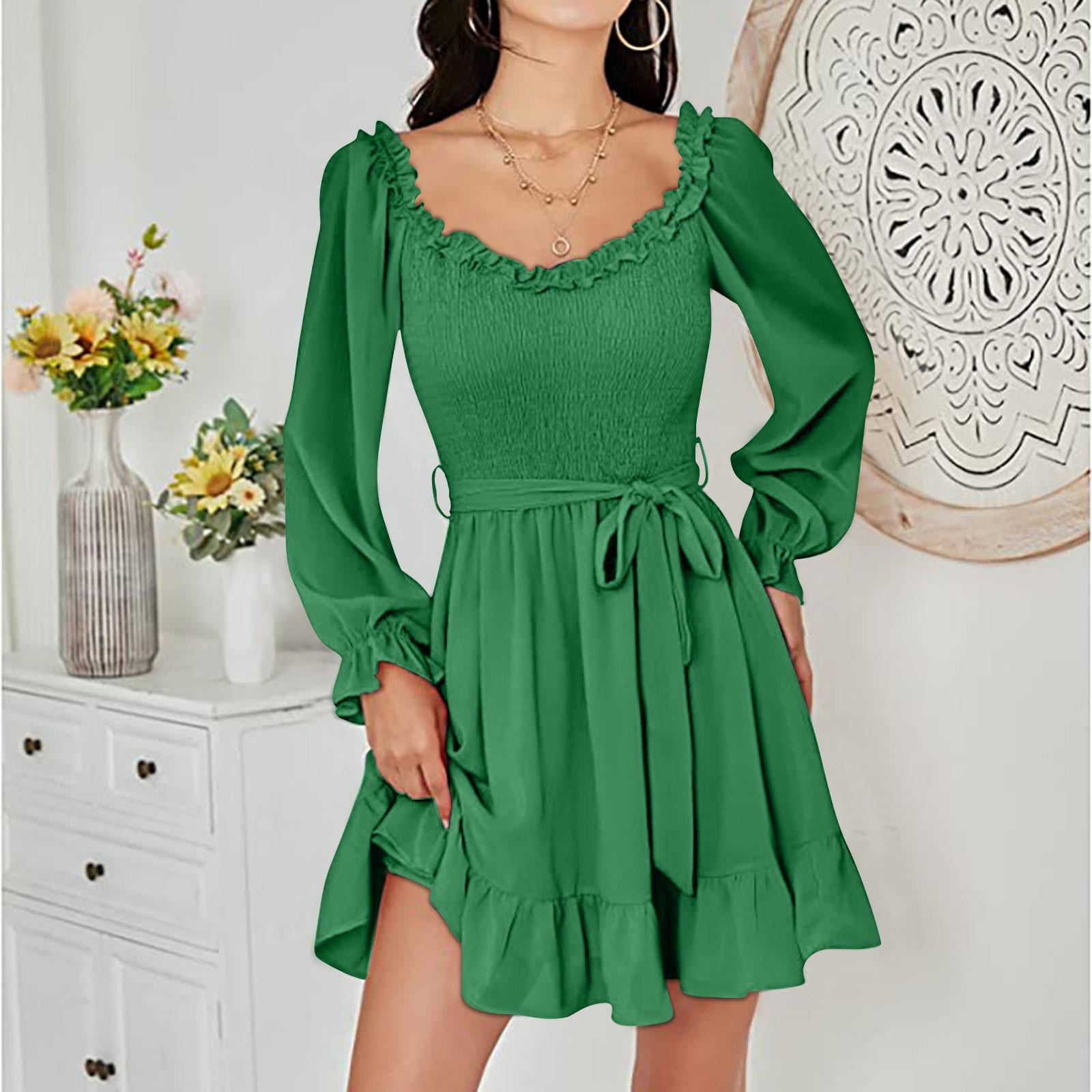 Women s Fashion Colour Ruffle V-Neck Waist-Hugging Sweet Chiffon Dress XL