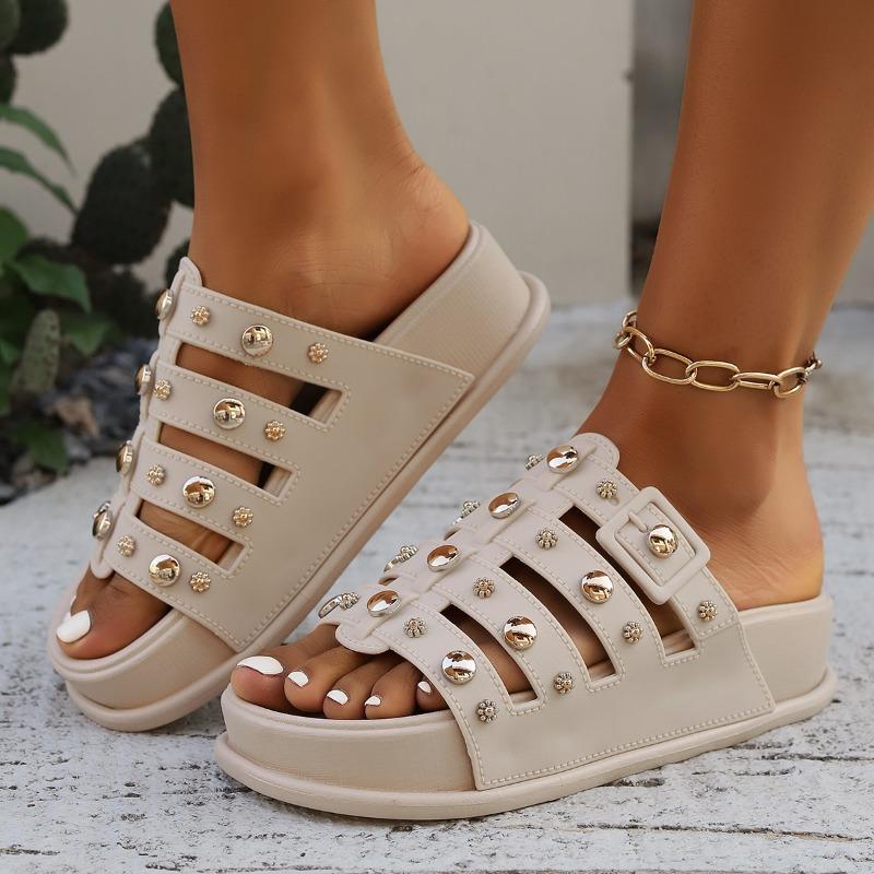 Fashion Riveted Platform Slippers Summer New Versatile Outwear Round Toe Cutout Breathable Metal Buckle Platform Flats