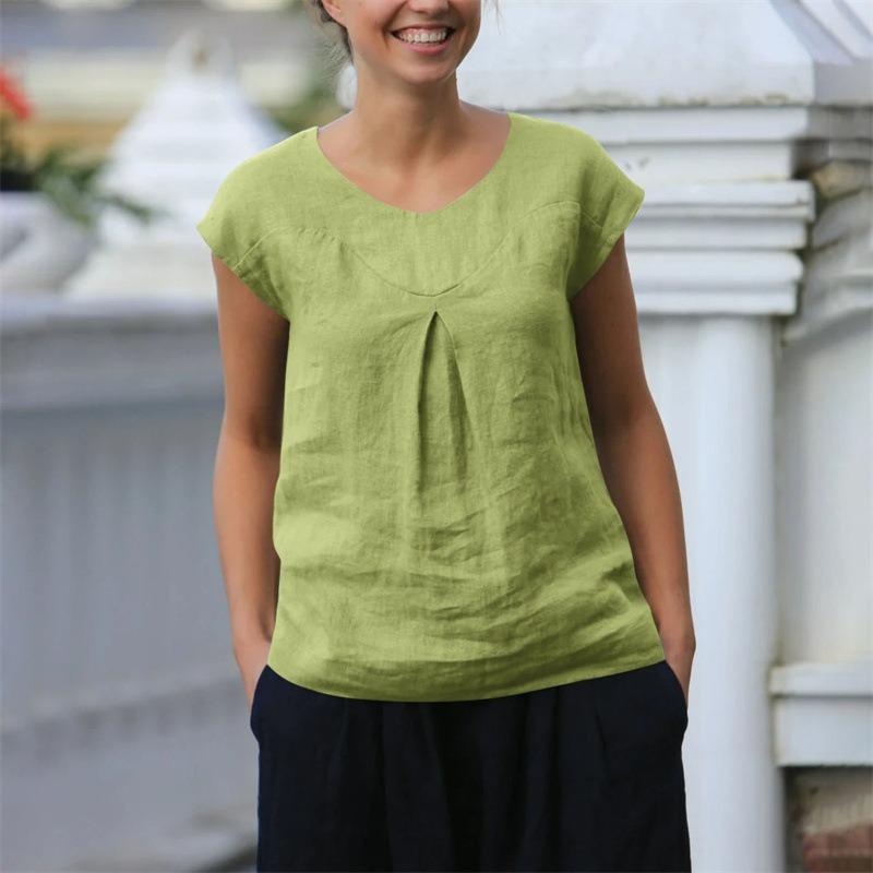 Letní nové dámské topy Ležérní volné jednobarevné krátkorukávové s výstřihem do V Bavlna a len Dámská trička