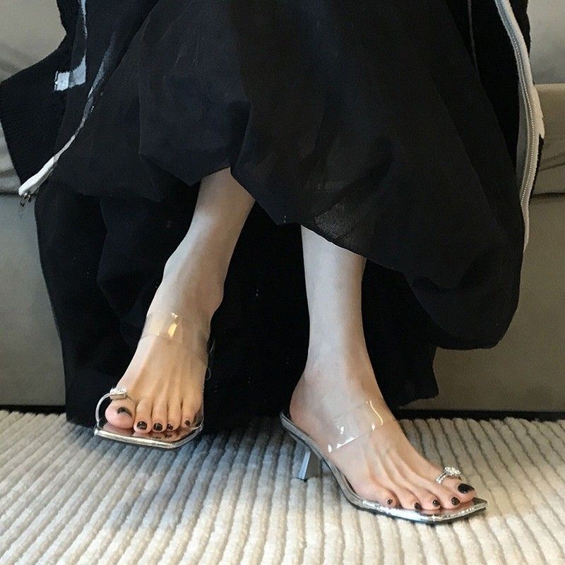 Elegant square head rhinestone pinch feet go out thin heel sandals 2025 spring new transparent belt high heel niche high-end outer wear