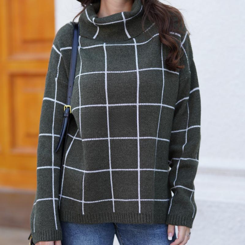 IHUASU Women's Autumn and Winter High Neck Pullover Loose Commuter Knit Sweater Plaid Fashion Jumper