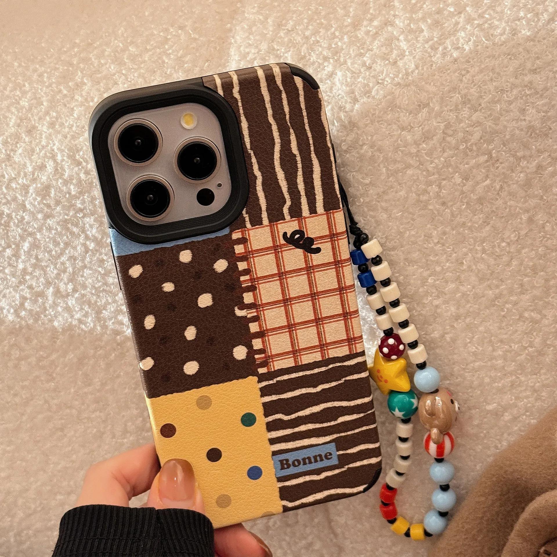 

Korean Striped Dots Splicing Faux Leather Phone Case for iPhone 17 Air 15 16 11 12 13 14 Pro Max With Bracelet Shockproof Cover iPhone 15