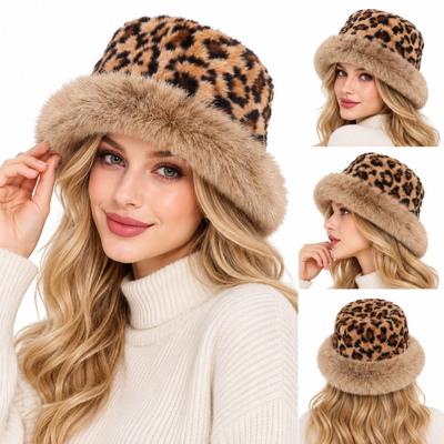 Leopard Print Fur Bucket Hat Plush Fisherman Hat New Berets  Outdoor Daily Outfits
