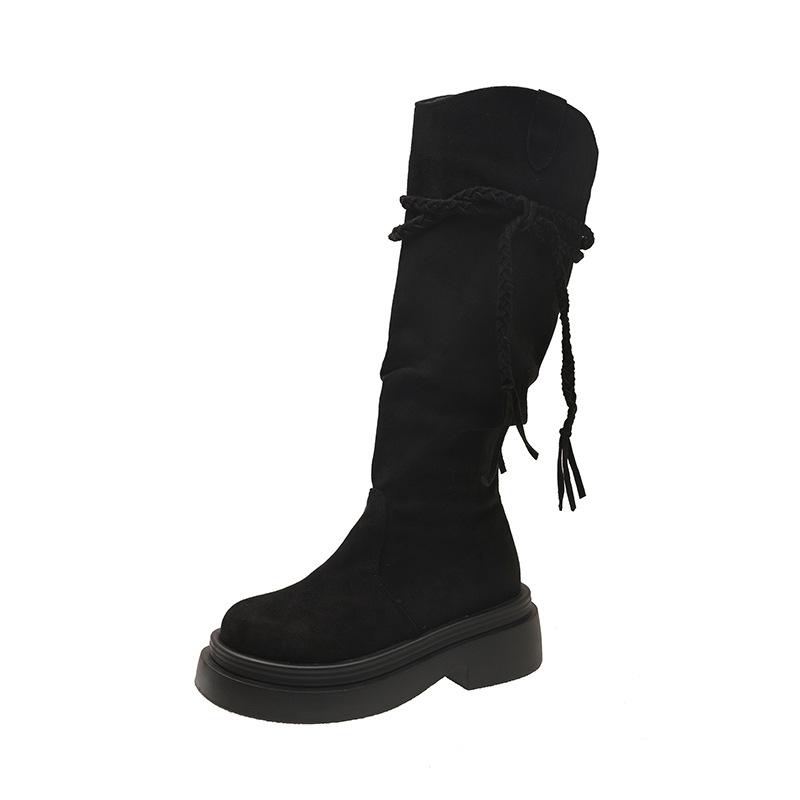 

22 trendy platform boots retro style knight boots soft leather matte fringed hemp rope thick heel high boots 35 чёрный