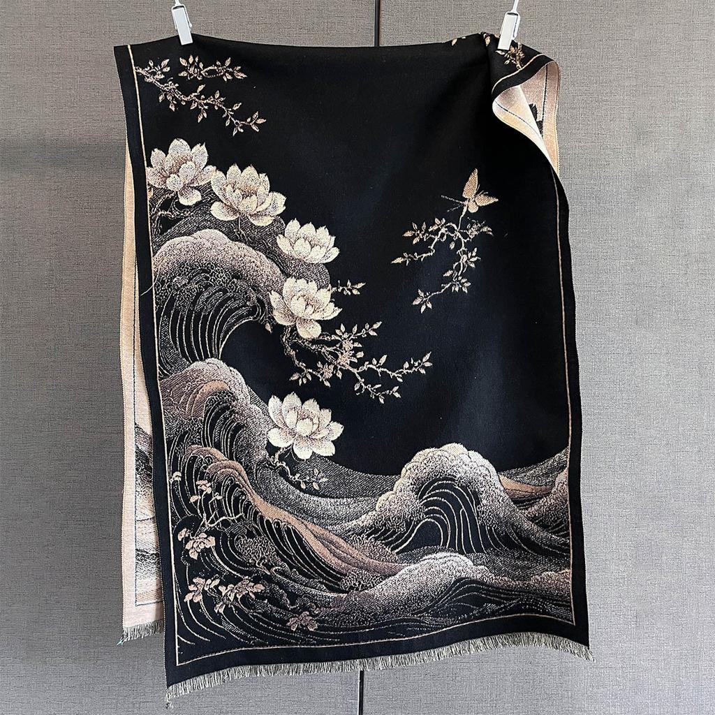Autumn New Plant Flower Print Scarf Autumn and Winter Imitation Cashmere High-end Warm Scarf Shawl Women