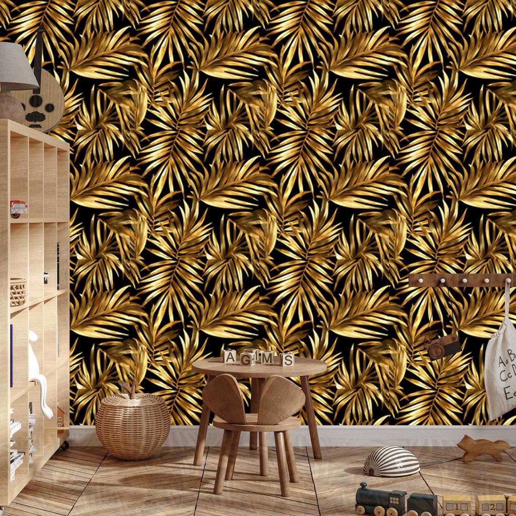 Flowers and Leaves Wallpaper Ochre, Gold and Black for Living Room and Bedroom 50x1000