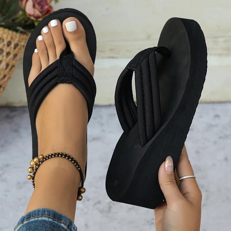 Fashion Clip Toe Platform Slippers for Women Solid Color Lightweight Wedges Flip Flops Woman Thick Bottom Non-Slip Slides Beach Shoes