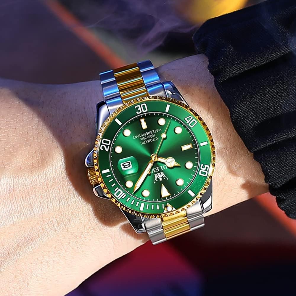 OLEVS Men's Mechanical Automatic Watch G6650 Waterproof Luminous Date Stainless Steel Green and Gold