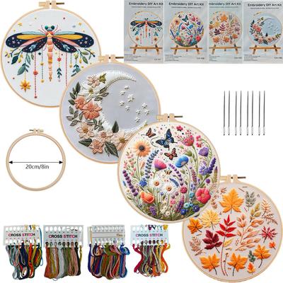 1 set Broderi-DIY-material med tema trollslända och fallna löv, inklusive verktyg, lämpligt för nybörjare. Tygsortiment för handbroderi