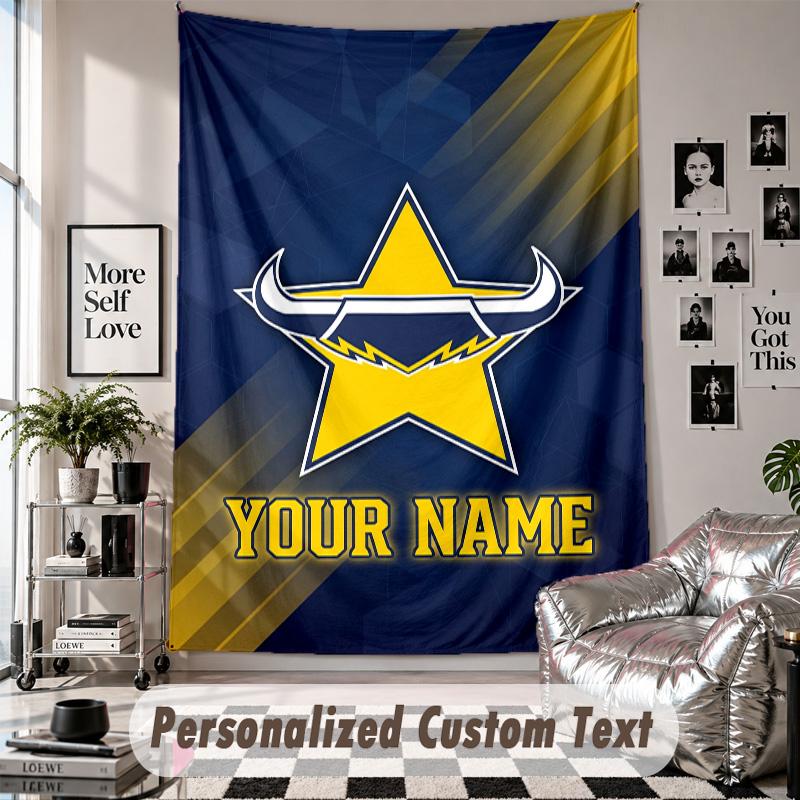 Wall Hanging Tapestry With Custom Name & Text, North Queensland Cowboys Decorative Tapestry For Bedroom