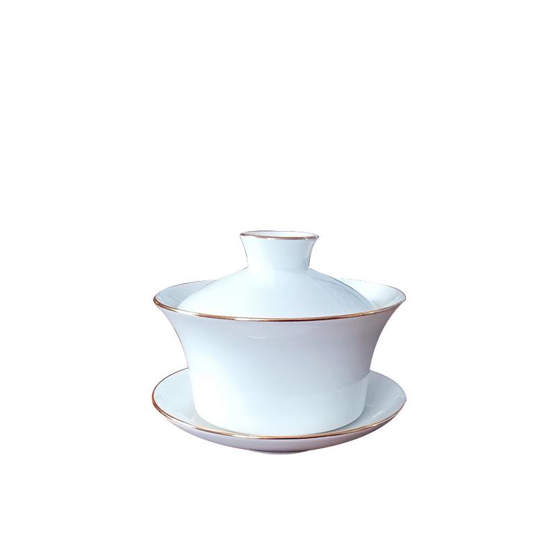 Bone China Small White Gaiwan Tea Set - 3-Piece Ceramic Tea Cup for Home, Office, or Tea House Reception.