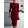 HNXC Women's Fashion Summer Spring O-Neck 3/4 Sleeves Solid Color Print Casual Dresses Classic Exquisite