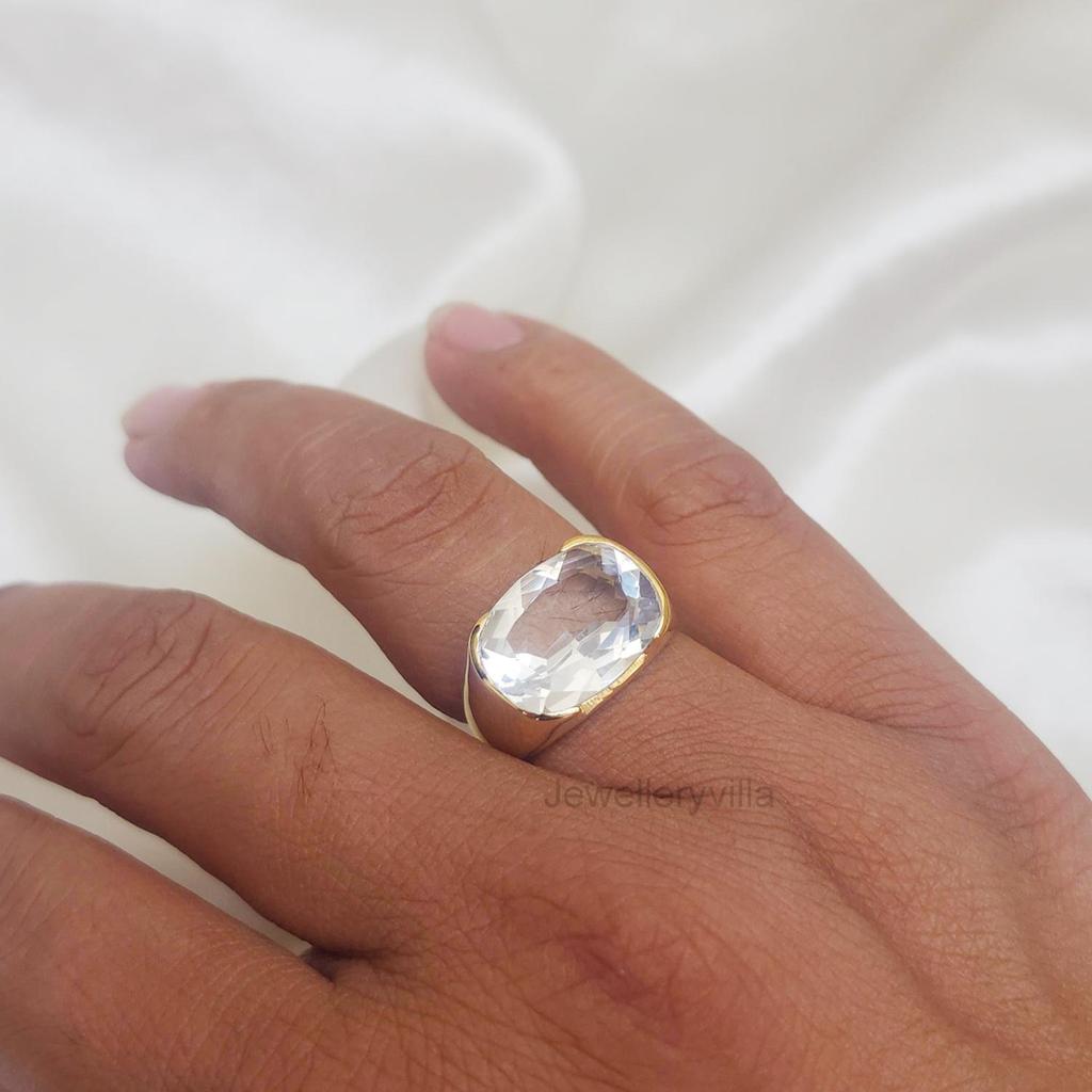 Clear Crystal Quartz Sterling Silver 14 Yellow Gold Fill Ring Handmade Jewelry