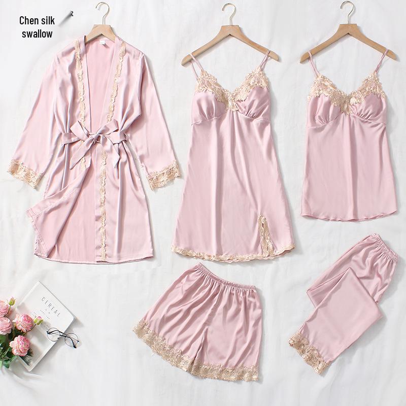 Women's Summer Silk Pajama Set: 5-Piece Long Sleeve, Lace Trim Camisole, Shorts & Pants