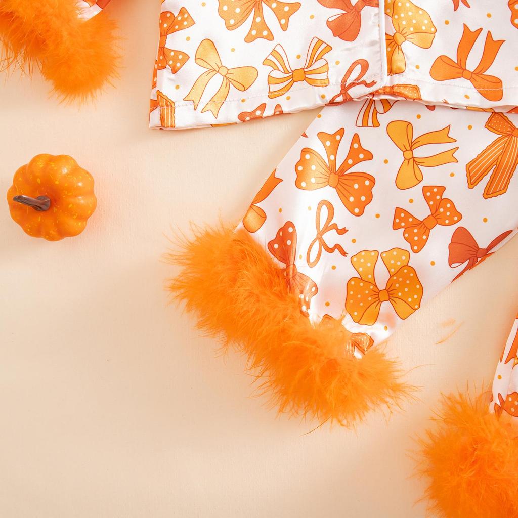 2025 Furry Halloween Pajama Set with Bowknot & Pumpkin Print - Two-Piece Turn-Down Collar Homewear