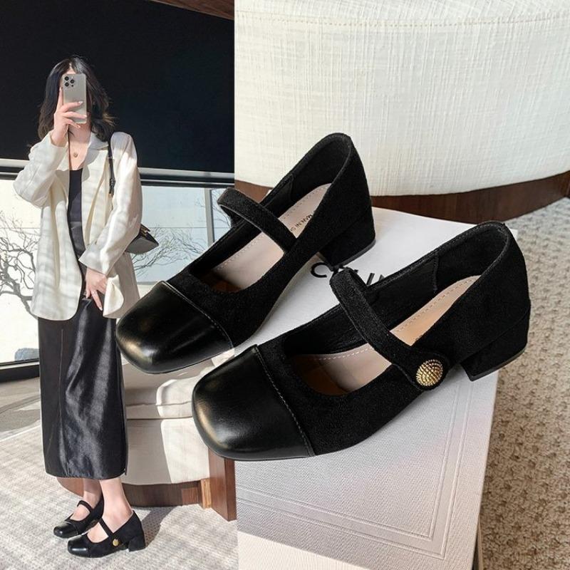 Shoes Female  Mary Janes Women's High HeelsDress Pumps Women Bow Tie Square Toe Buckle Strap Chunky Heels Shoes Women