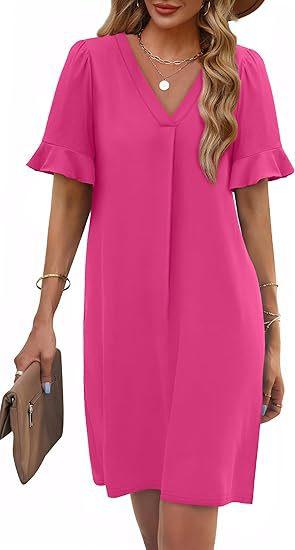 Women's V-Neck Flared Sleeve Medium and Long Pocket Short Sleeve Dress
