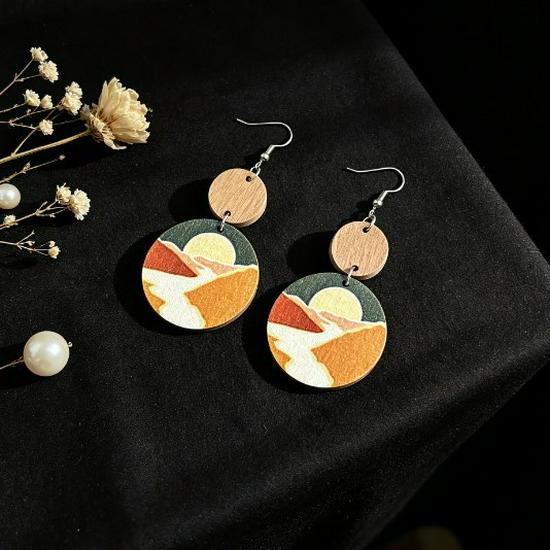 Sunset Wooden Patchwork Double-Sided Pendant Earrings - Thanksgiving Gift