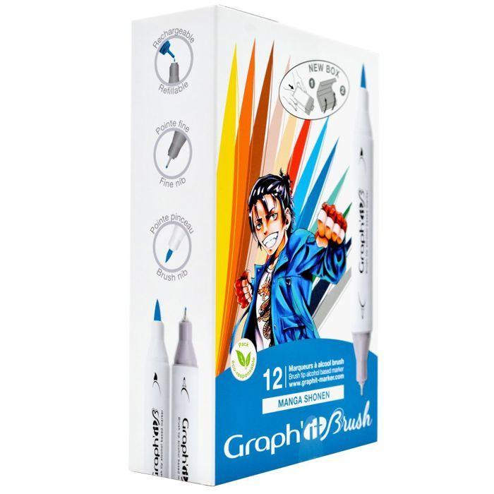 Set Manga Shonen of 12 Alcohol Markers GRAPH'IT Brush &; Extra Fine