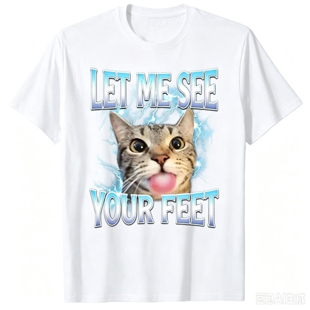 Let Me See Your Feet Funny Cat Meme Tshirt Lightning Graphic Printed Short Sleeve Casual Fashion Pure Cotton Tees For Men Women