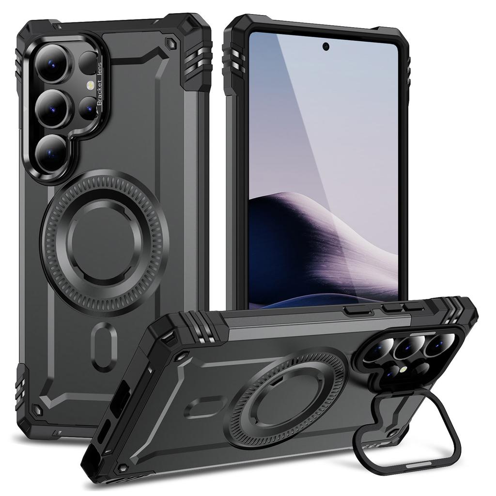 For Samsung Galaxy S25 Ultra Magnetic Case Lens Kickstand PC+TPU Shockproof Phone Cover