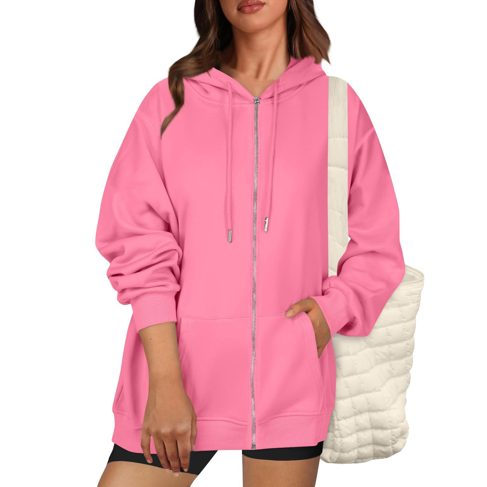 

Женская модная толстовка с капюшоном на молнии, повседневная свободная куртка с карманами XL розовый
