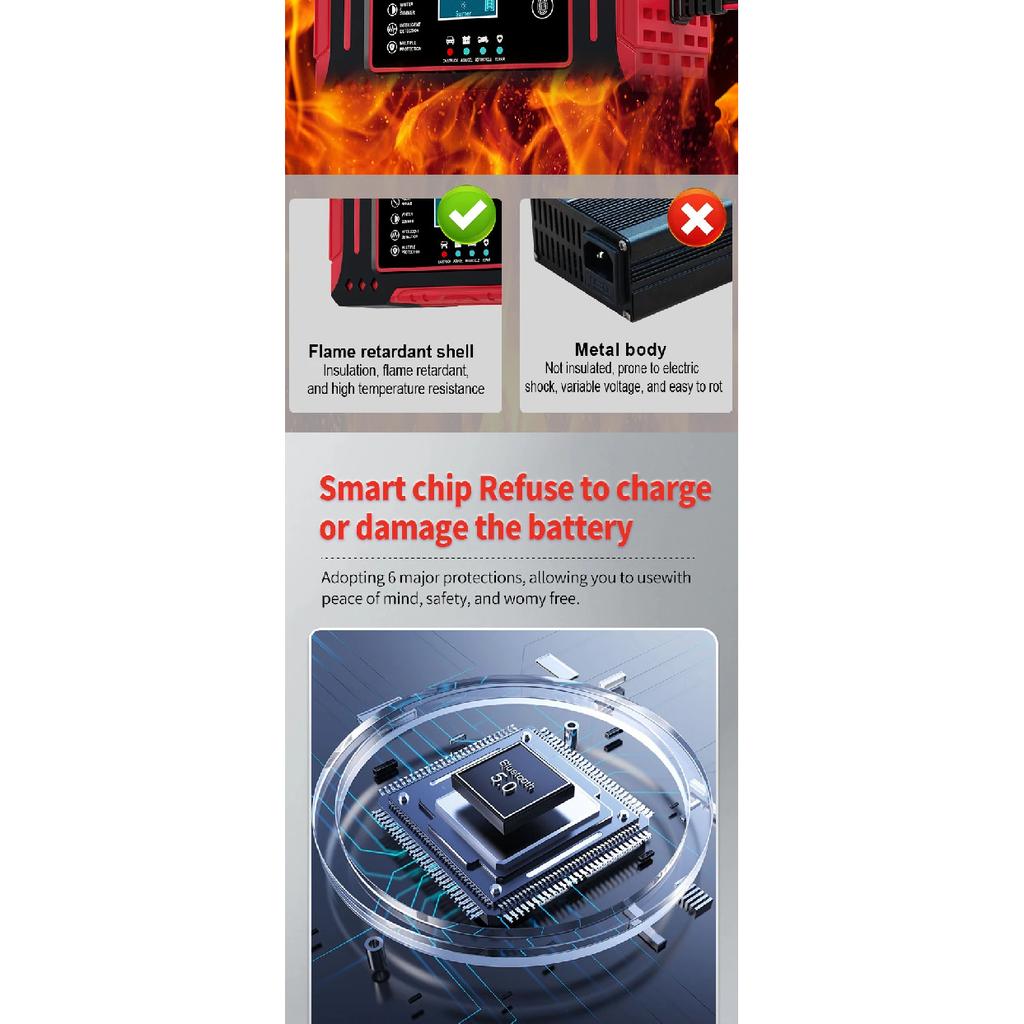 6A 12V Intelligent Car Battery Charger Car and Motorcycle Battery Charging Unit Lead-Acid Battery Repair LCD Display