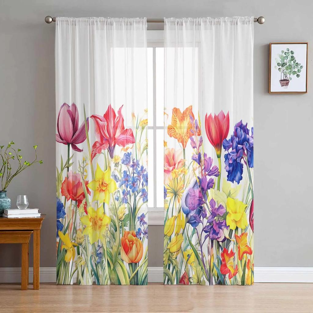 Flowers Tulips Translucent Drapes for Bedroom Space Living Room Decoration Window Opening Drape for Kitchen Area Tulle Voile Organza Drapes