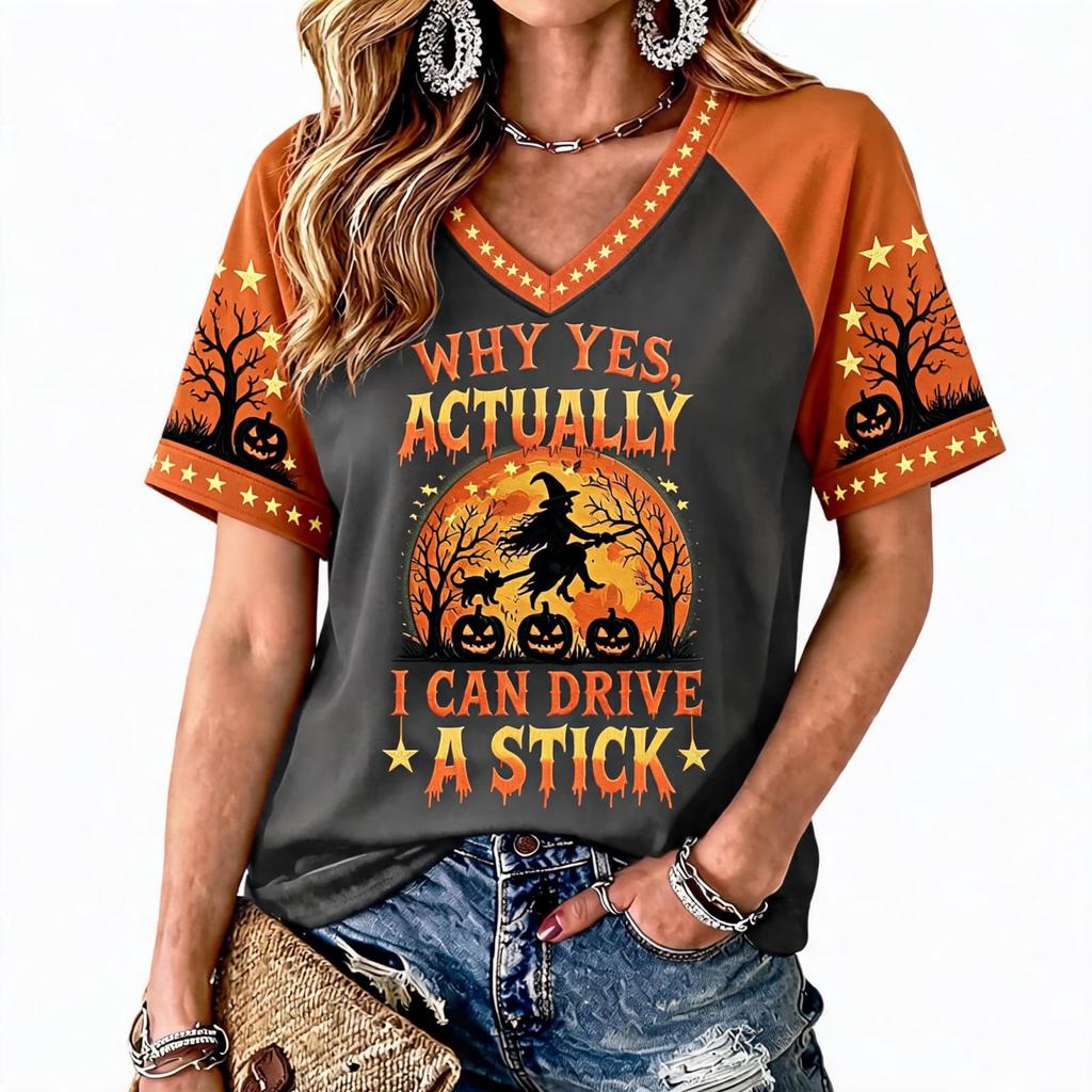 Women's Halloween Print Raglan Short Sleeve T-Shirt