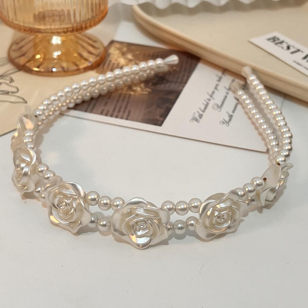 Sweet and Elegant Rose Red Faux Pearl Headband Women's Hair Accessory with Double-Layer Design, French Bridal Headpiece Suitable for Wedding
