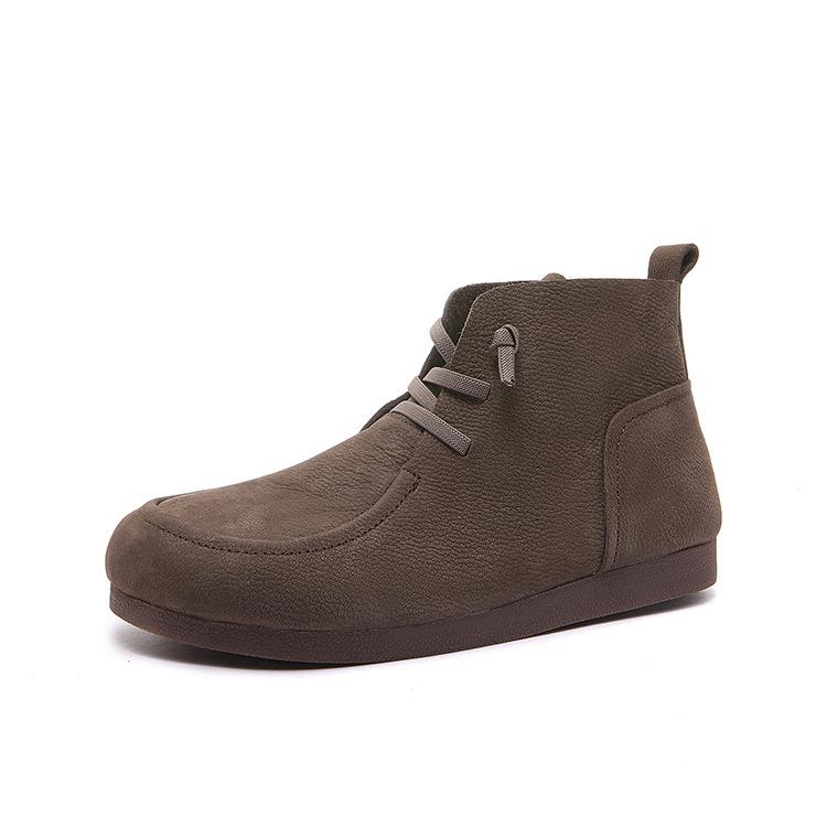 Johnature Retro Genuine Leather Flat Ankle Boots Handmade Soft Cowhide Elastic Band Soft Soled Women's Shoes