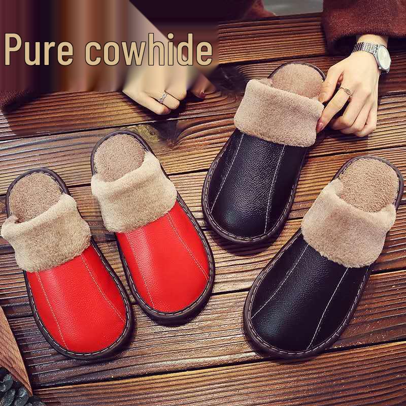 Unisex Genuine Leather Cowhide Slippers: Non-Slip, Warm Indoor Cotton Slippers for Autumn and Winter
