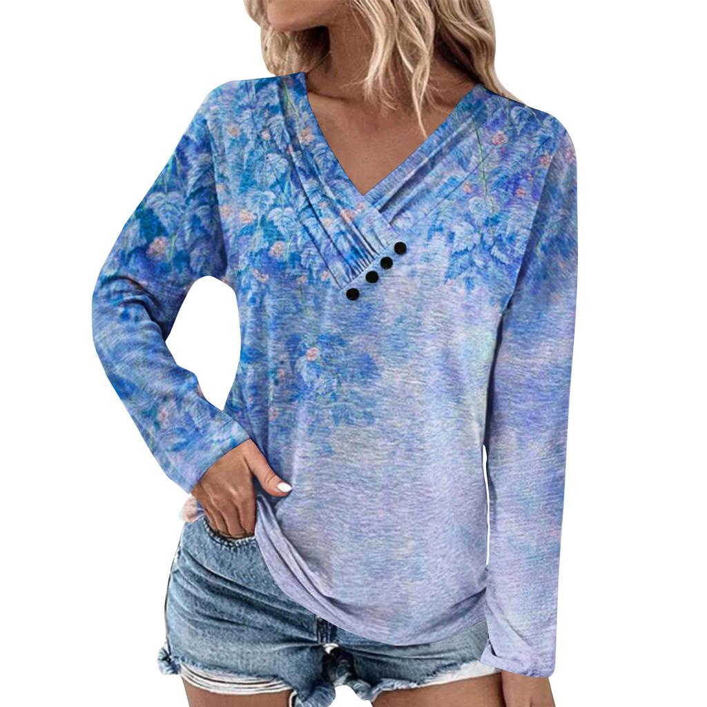 Long Sleeve Blouses For Women Casual V Neck Button Down Shirt Vintage Floral Print Blouse Tops Loose Fit Fall Shirt Top