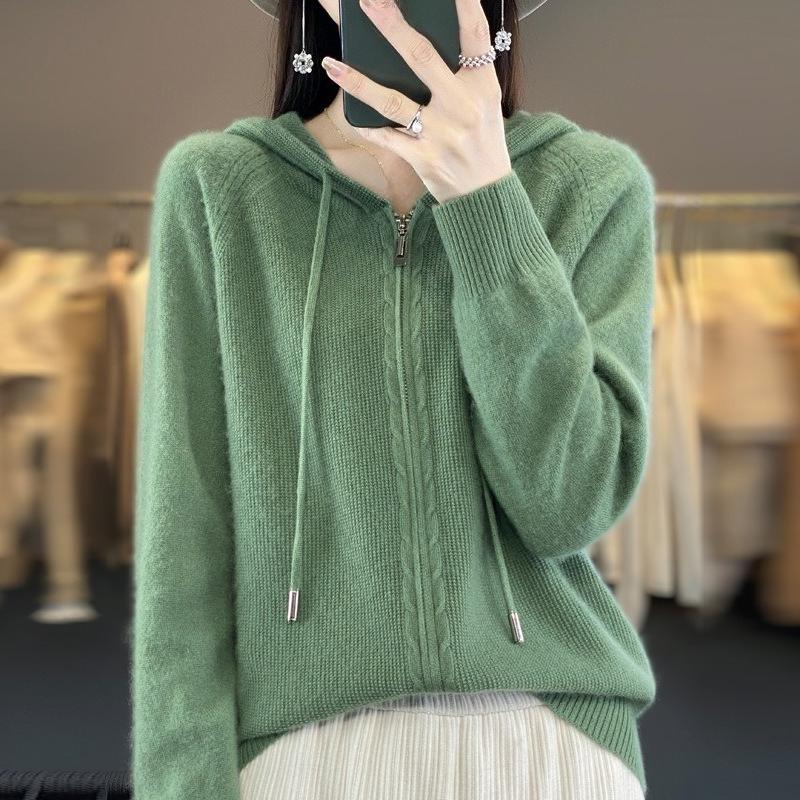 Autumn Sweater Cardigan Women's Wool Hoodie Double Zipper Hooded Sweater Jacket