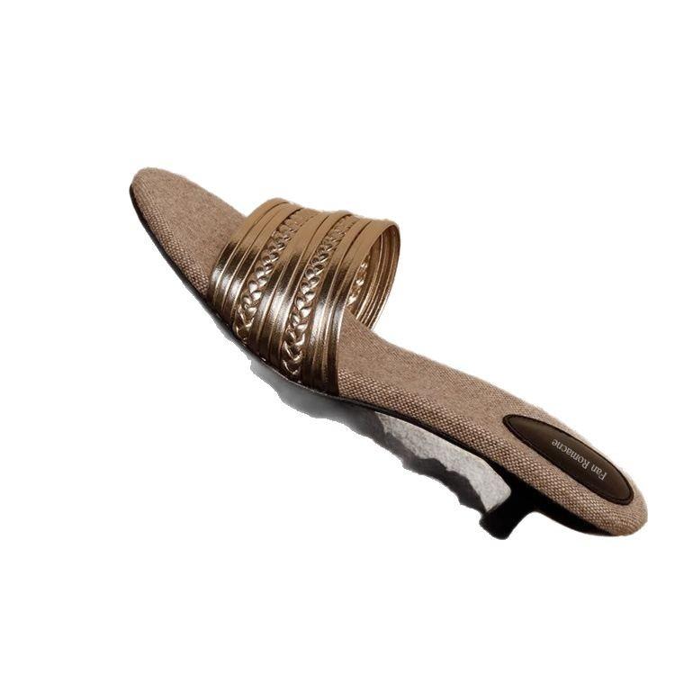 Yueyu New - High Heel Slippers Women's Summer Wear 2025 New Versatile Woven French Going Out Women's Cool Slippers