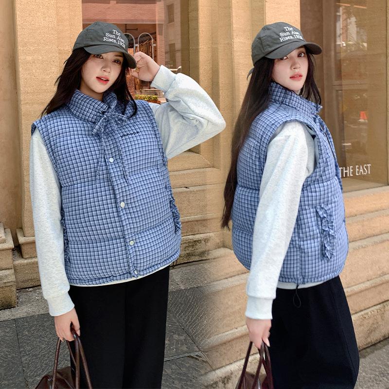 Stand-up collar plaid sleeveless cotton jacket vest jacket women's summer new stacked wear casual loose hidden buckle vest tide