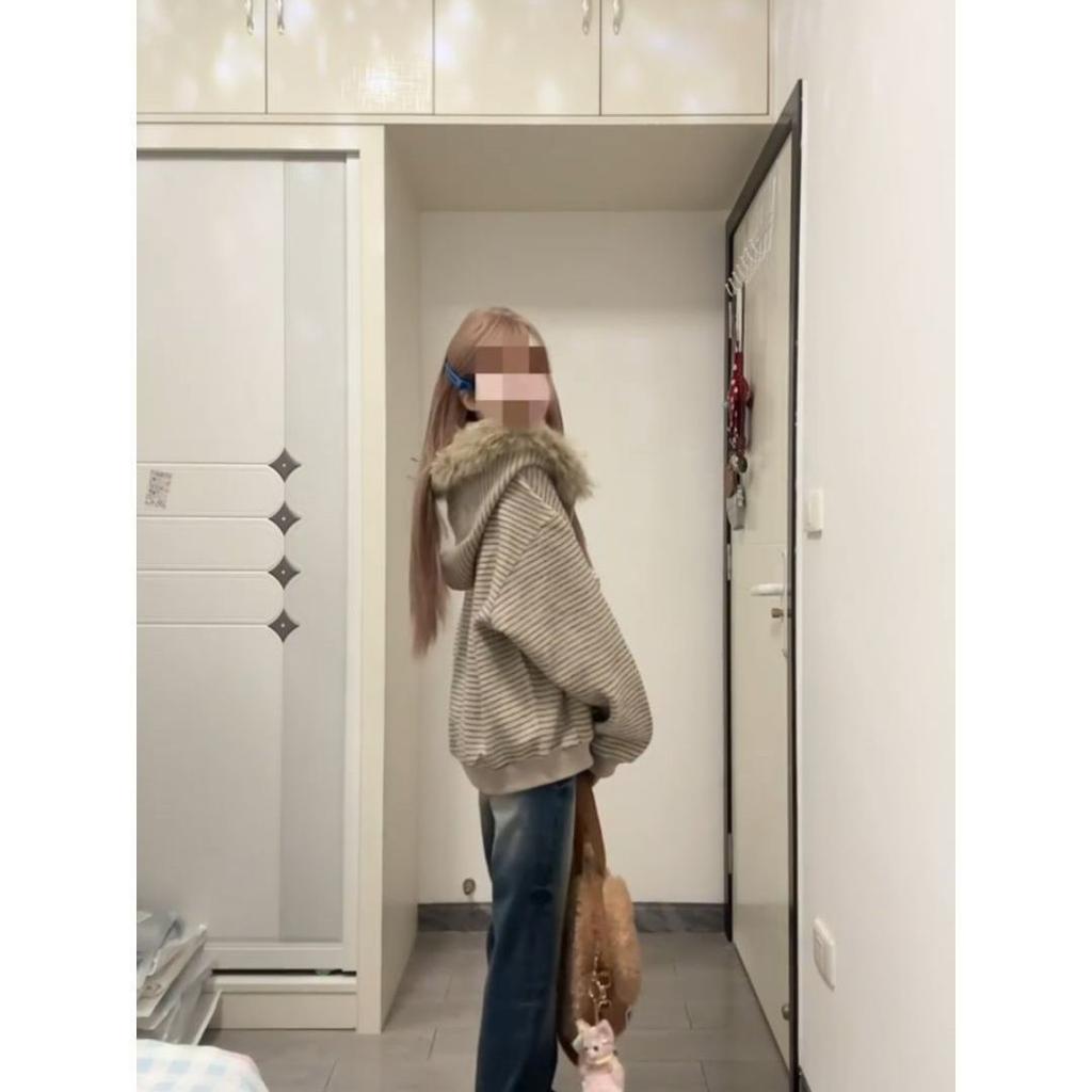 Punk Coat Y2k 2000s Vintage Faux Fur Collar Hoodie Zip-Up Woman Sweatshirts Goth Stripe Hot Girl Coat Autumn Winter Jackets Hip Hop Jacket