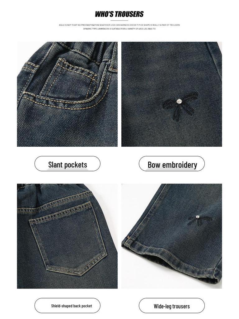 Girls' 2025 Fleece-Lined Wide-Leg Denim Pants - Autumn/Winter Style