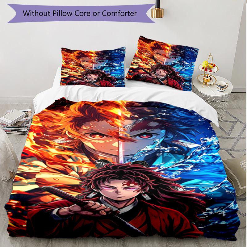3pcs Duvet Cover Set (1*Duvet Cover + 2*Pillowcase, Without Core), Demon Slayer Print Soft All‑Season Bedding Set, Home Bedroom Decor Gift