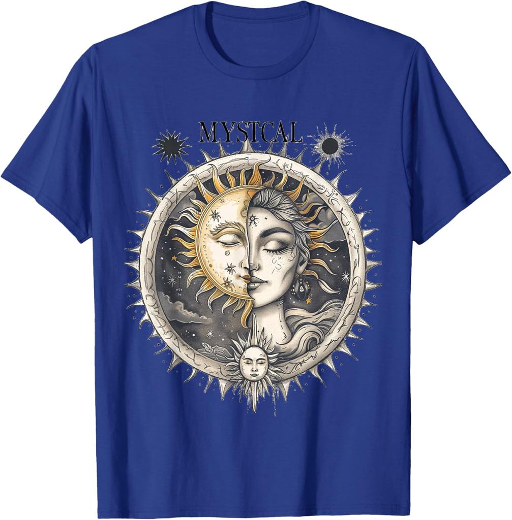 Mystical Sun Moon Face Woman Graphic Tee Soft Cotton Casual Round Neck T-Shirt for Men