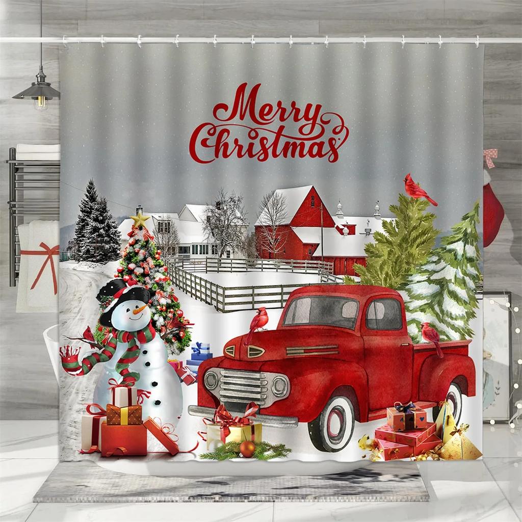unframed Christmas Shower Curtain, Winter Snowman Father Christmas Farmhouse Truck Snowflake Christmas Tree Red Bird Bathroom De