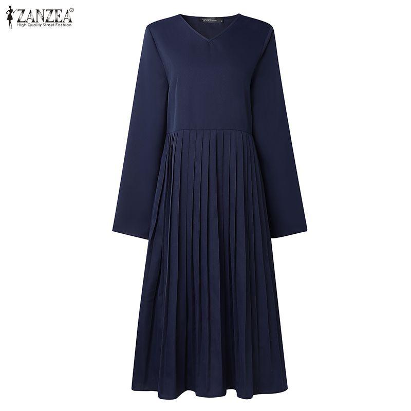 ZANZEA Women Casual V-Neck Solid Color Long Sleeve Loose Dress